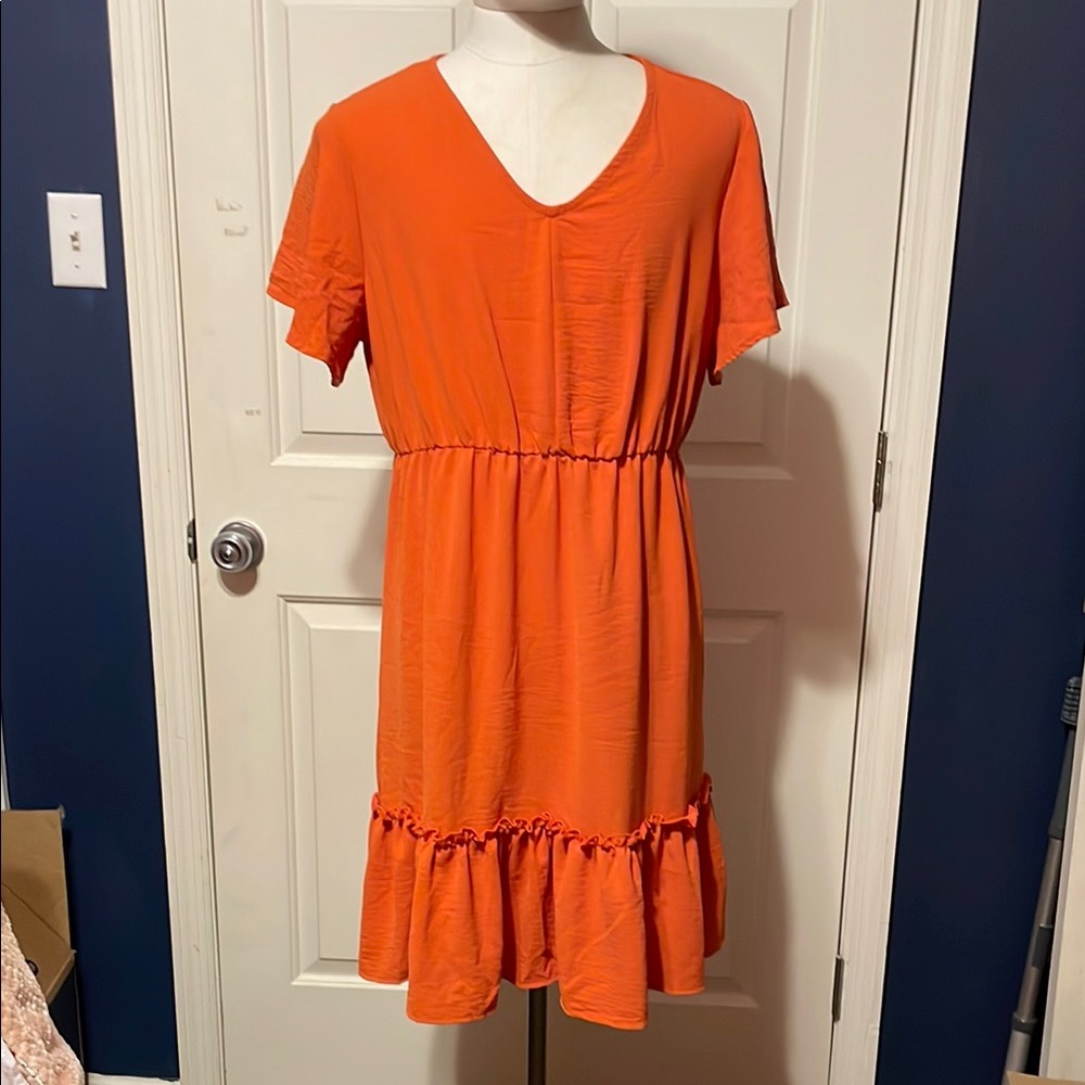 Vibrant Orange V-Neck Flutter Sleeve Midi Dress
